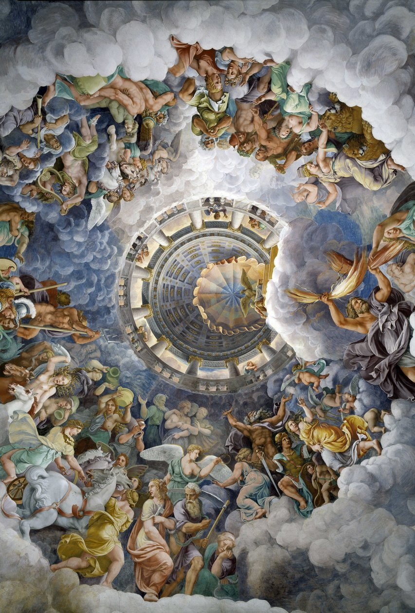 Oversigt over loftet i Giganternes sal, Mantua (Palazzo del Te, Mantova): Olympens guder. Fresko af Giulio Pippi de