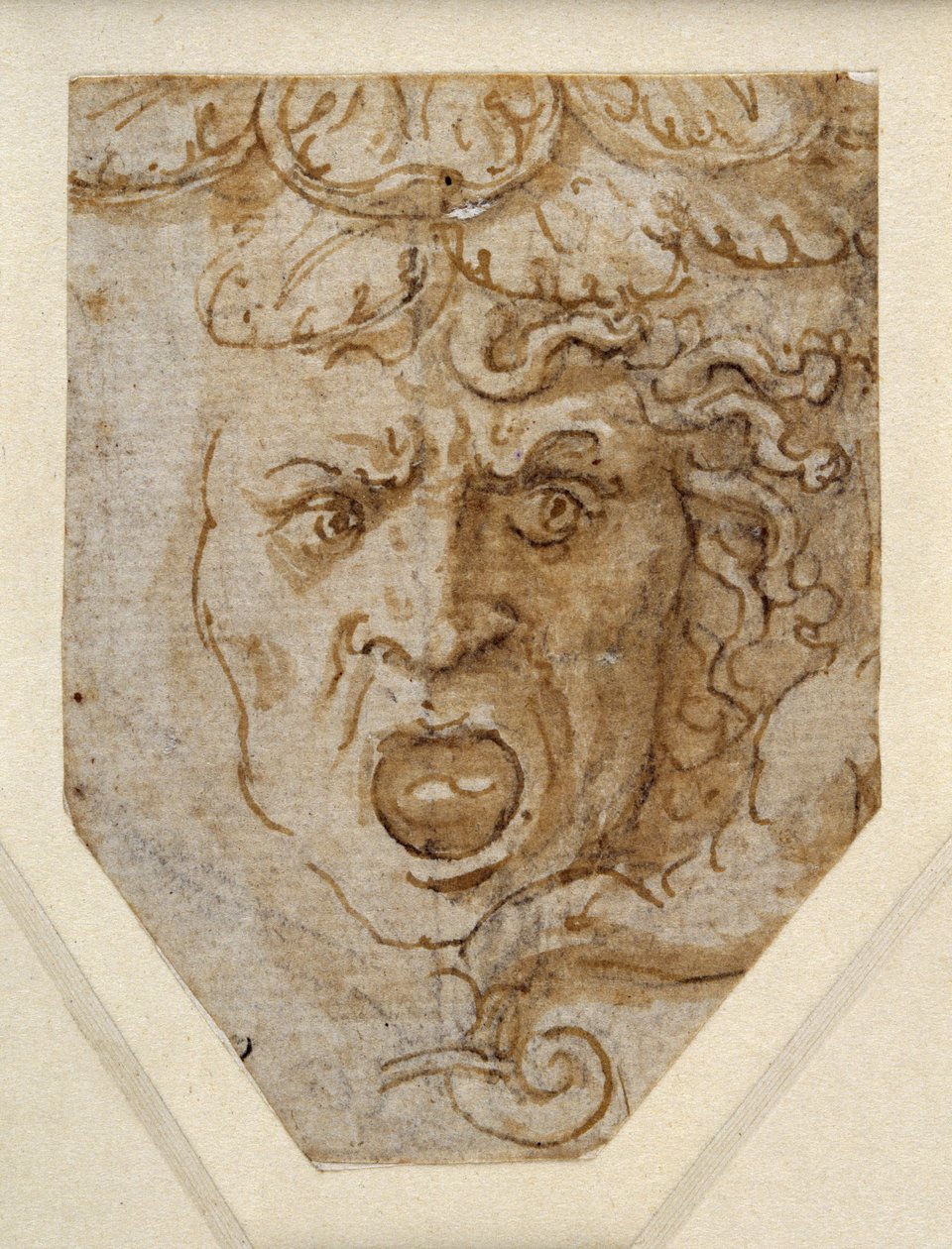 Head of Medusa (pen og brunt blæk over præliminære i sort kridt med strejf af hvid forhøjning på hvidt papir) af Giulio Romano
