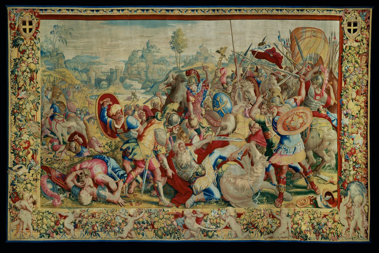 Historien om Scipio: Slaget ved Ticino, første del af billedtæppet, uld og silke, billedtæppe ... af Giulio Romano