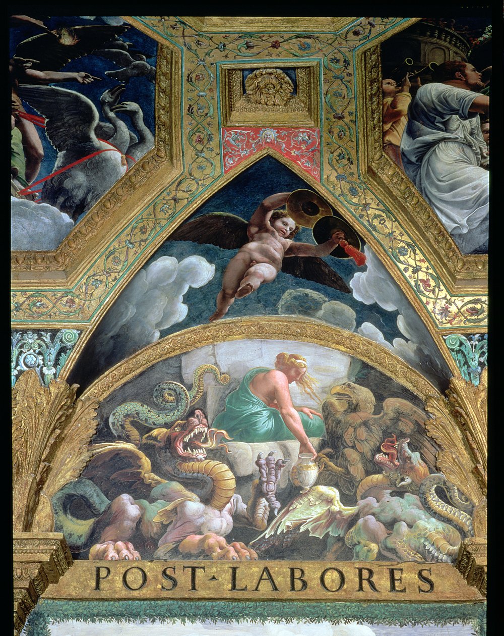 Lunette skildrer Psyche, der påtager sig en prøvelse, sat af Venus med at hente fra underverdenen en krukke, der indeholder Proserpines skønhed, fra Sala di Amore e Psiche, 1528 freskodetalje af 78427 af Giulio Romano