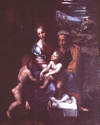 Madonna og barn med St. Anne og St. Johannes Døberen af Giulio Romano