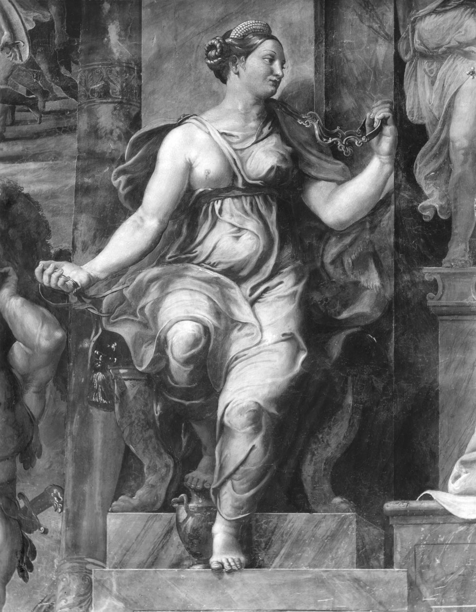 Mådeholdenhed, en af de to dyder omkring pave Clemens I (1-97) Raphael Rooms (detaljer) (se også 252786, 252788, 252789) af Giulio Romano