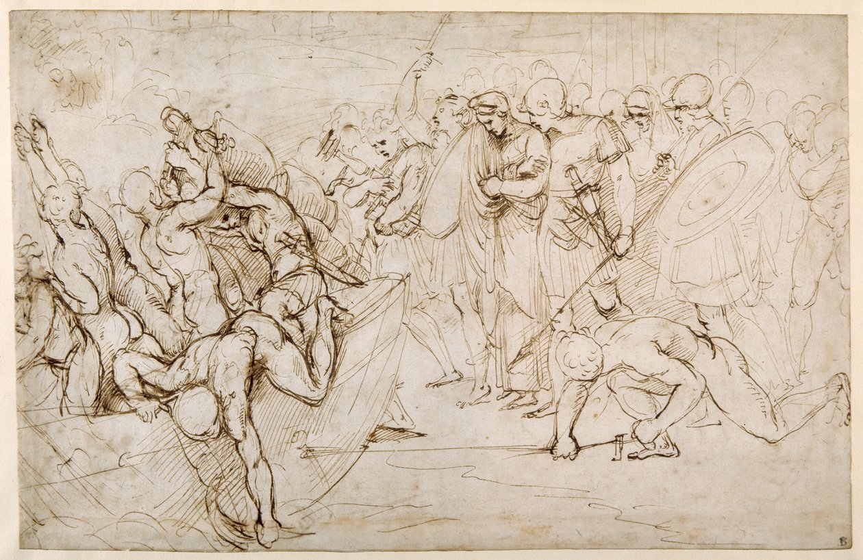 Neoptolemus tager Andromache i fangenskab efter Trojas fald (pen og blæk på papir) af Giulio Romano