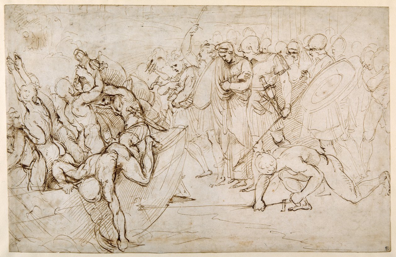 Neoptolemus tager Andromache i fangenskab efter Trojas fald (pen og brunt blæk på hvidt papir) af Giulio Romano