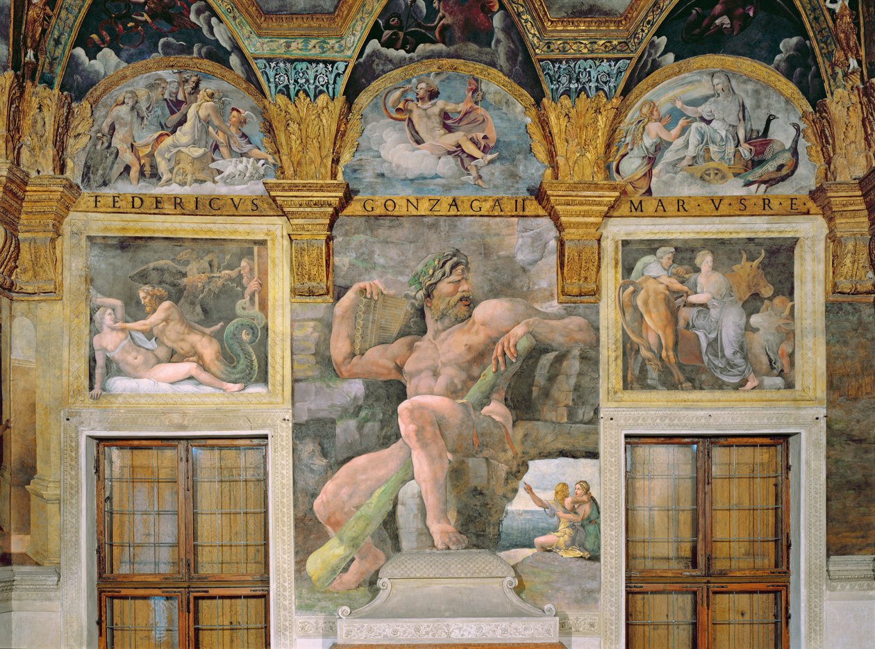 Olympia forført af Jupiter, Polyphemus vogter Acis og Galatea, Pasiphae kommer ind i koen bygget af Daedalus, fra Sala di Amore e Psiche af Giulio Romano