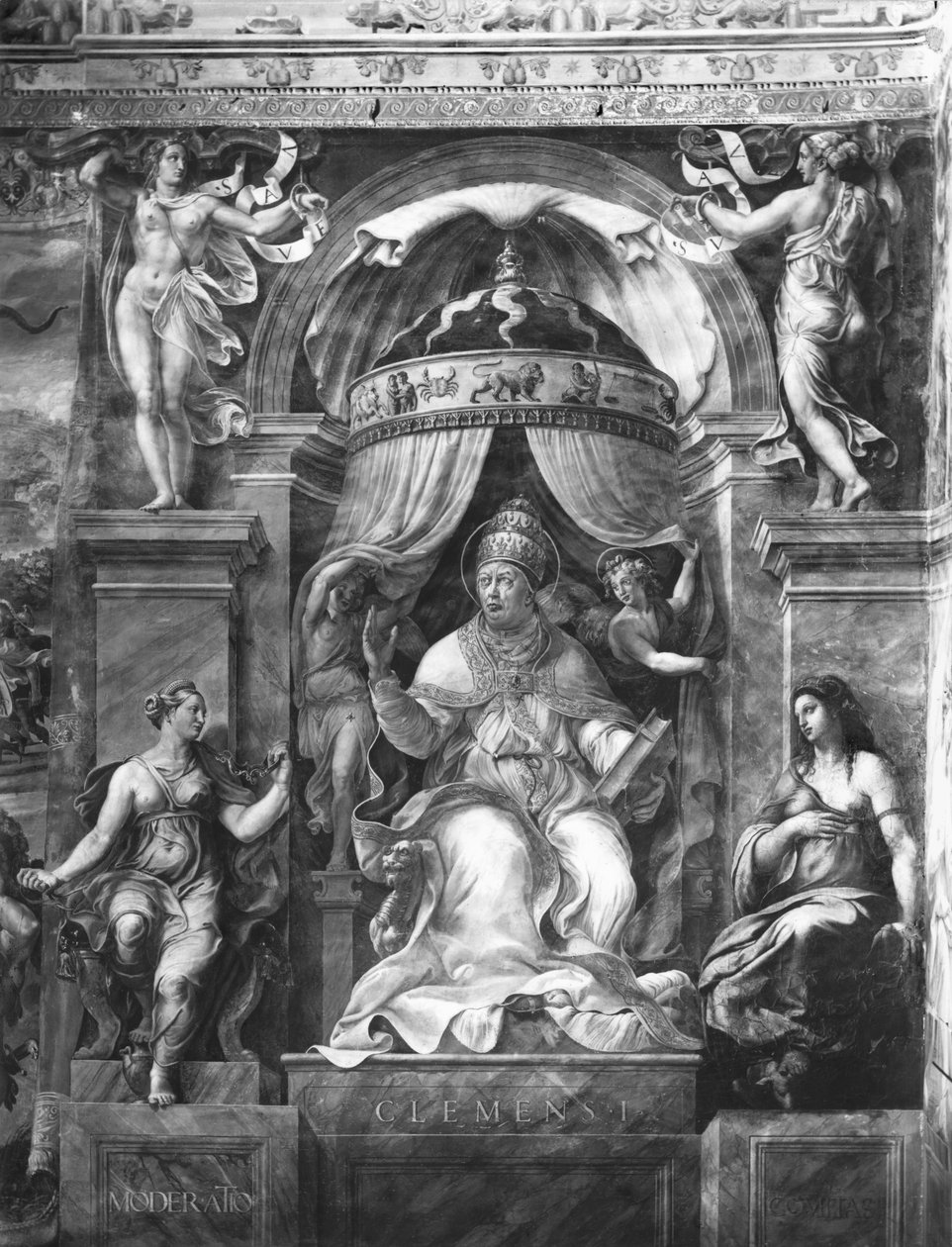Pave Clemens I (1-97) mellem mådehold og barmhjertighed, Raphael Rooms (se også 252787, 252788, 252789) af Giulio Romano