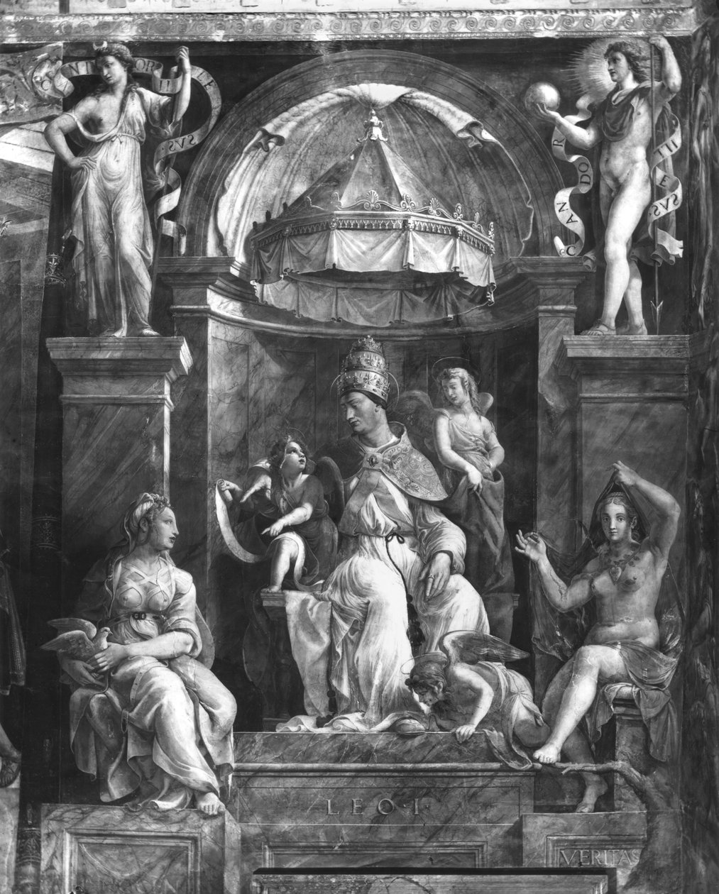 Pave Leo I den Store (ca. 390-461) mellem to dyder, Raphael Rooms (se også 252780 og 252781) af Giulio Romano