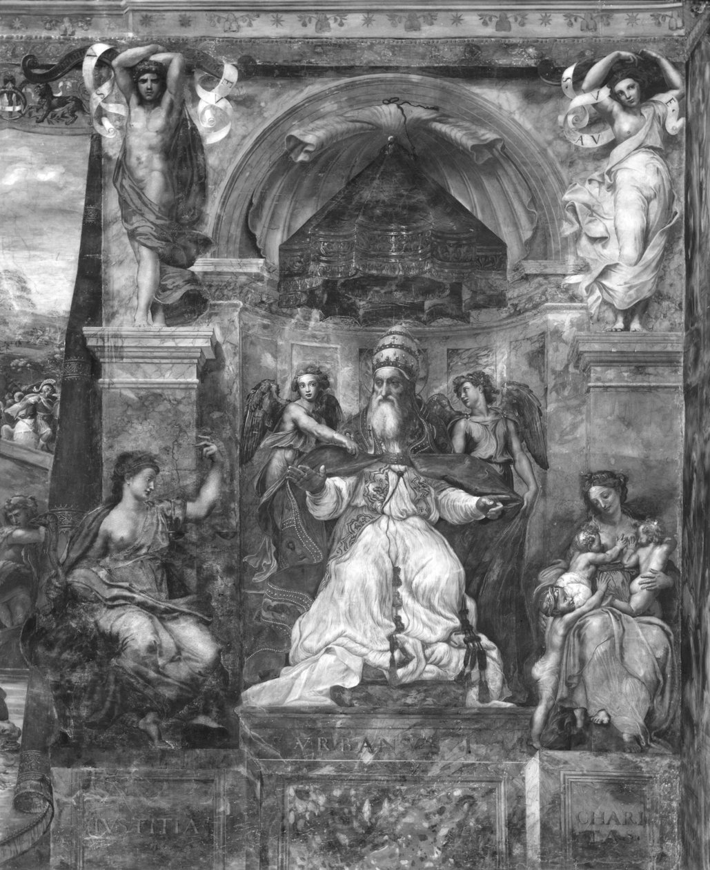 Pave Urban I (d.230) mellem retfærdighed og velgørenhed, Raphael Rooms (se også 252783, 252784, 252785) af Giulio Romano