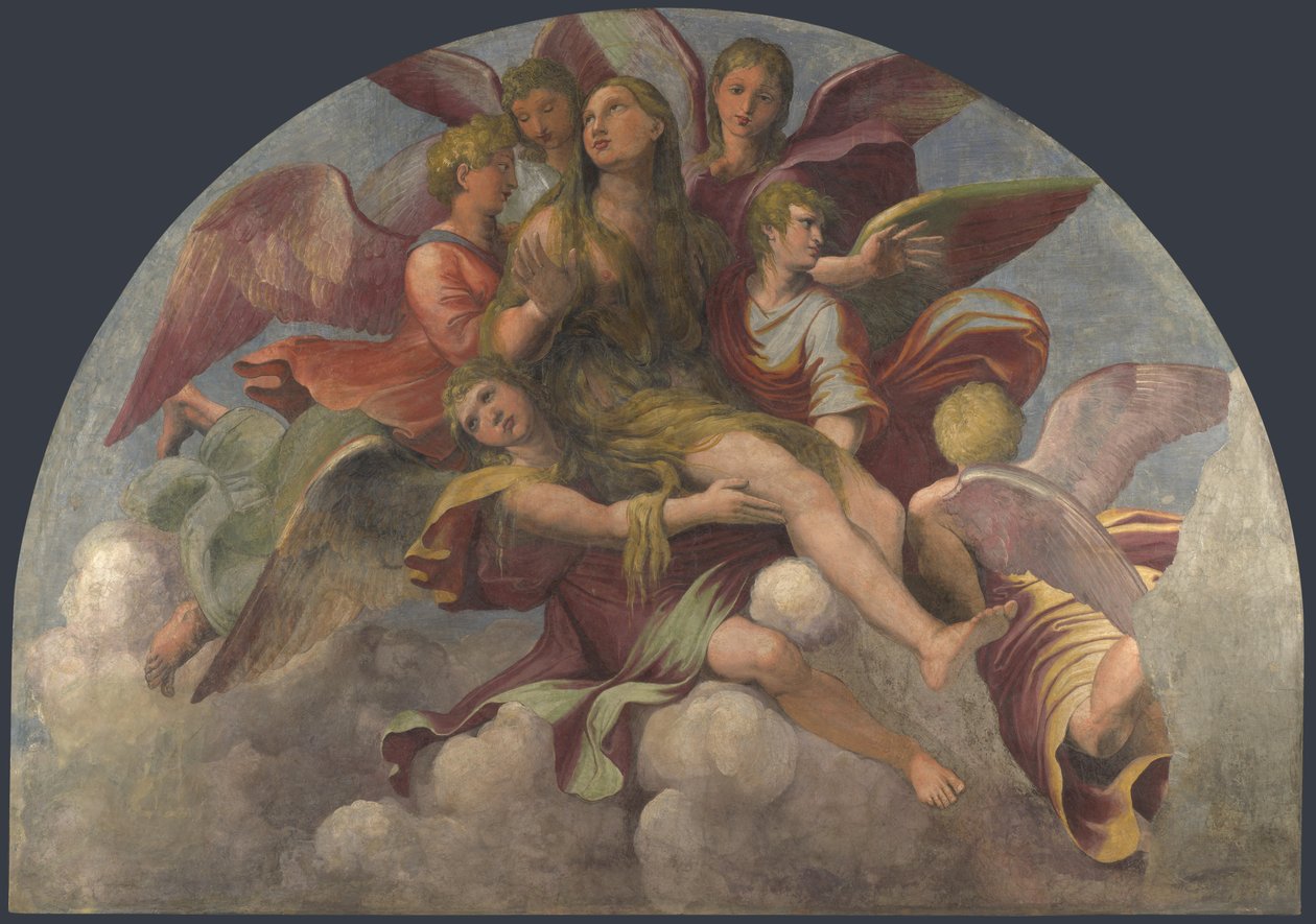 Saint Mary Magdalene båret af Engle, ca 1521. af Giulio Romano
