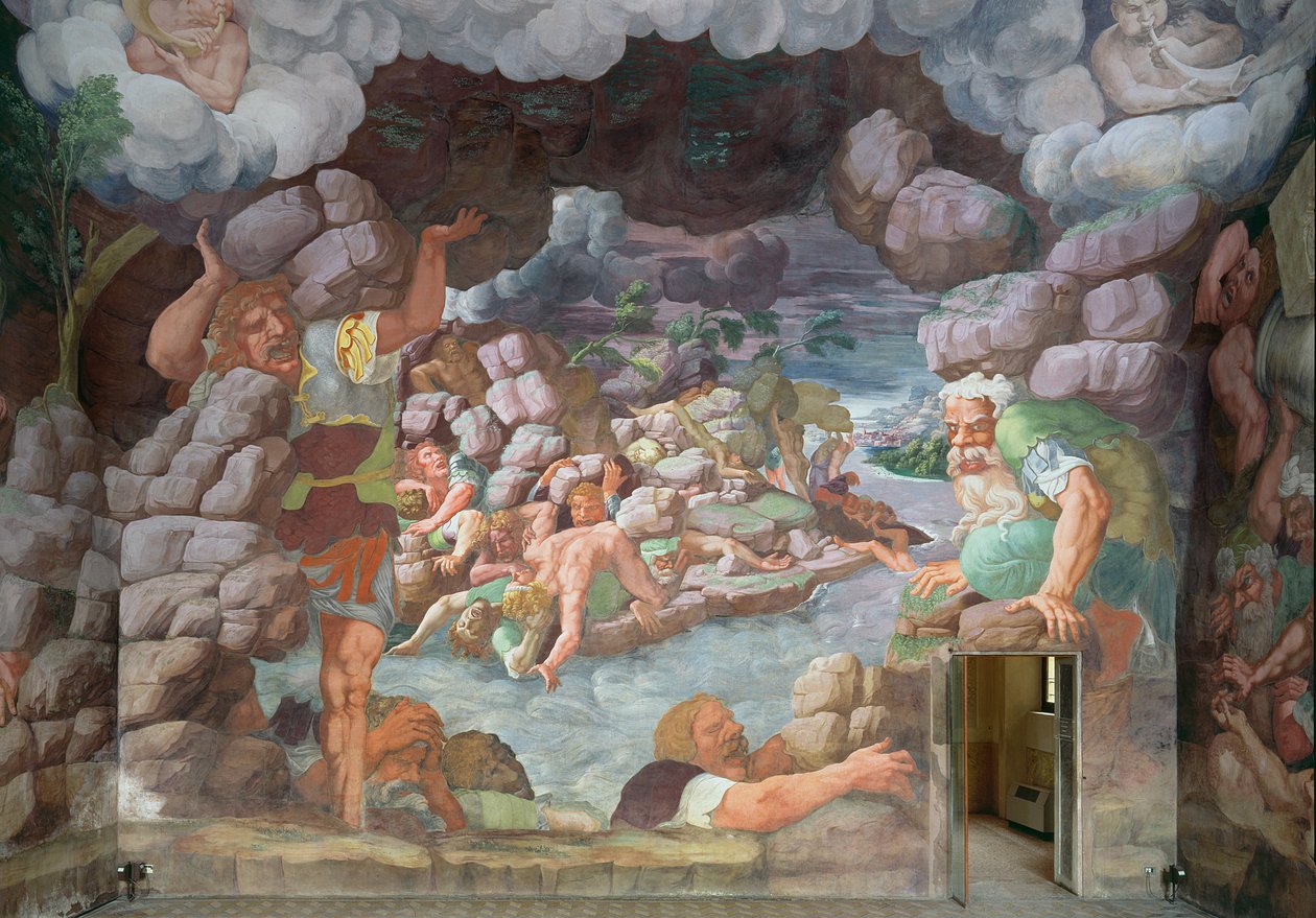 Sala dei Giganti, detalje af ødelæggelsen af kæmperne af Jupiters tordenbolte, 1536 fresco detalje af 78482 af Giulio Romano
