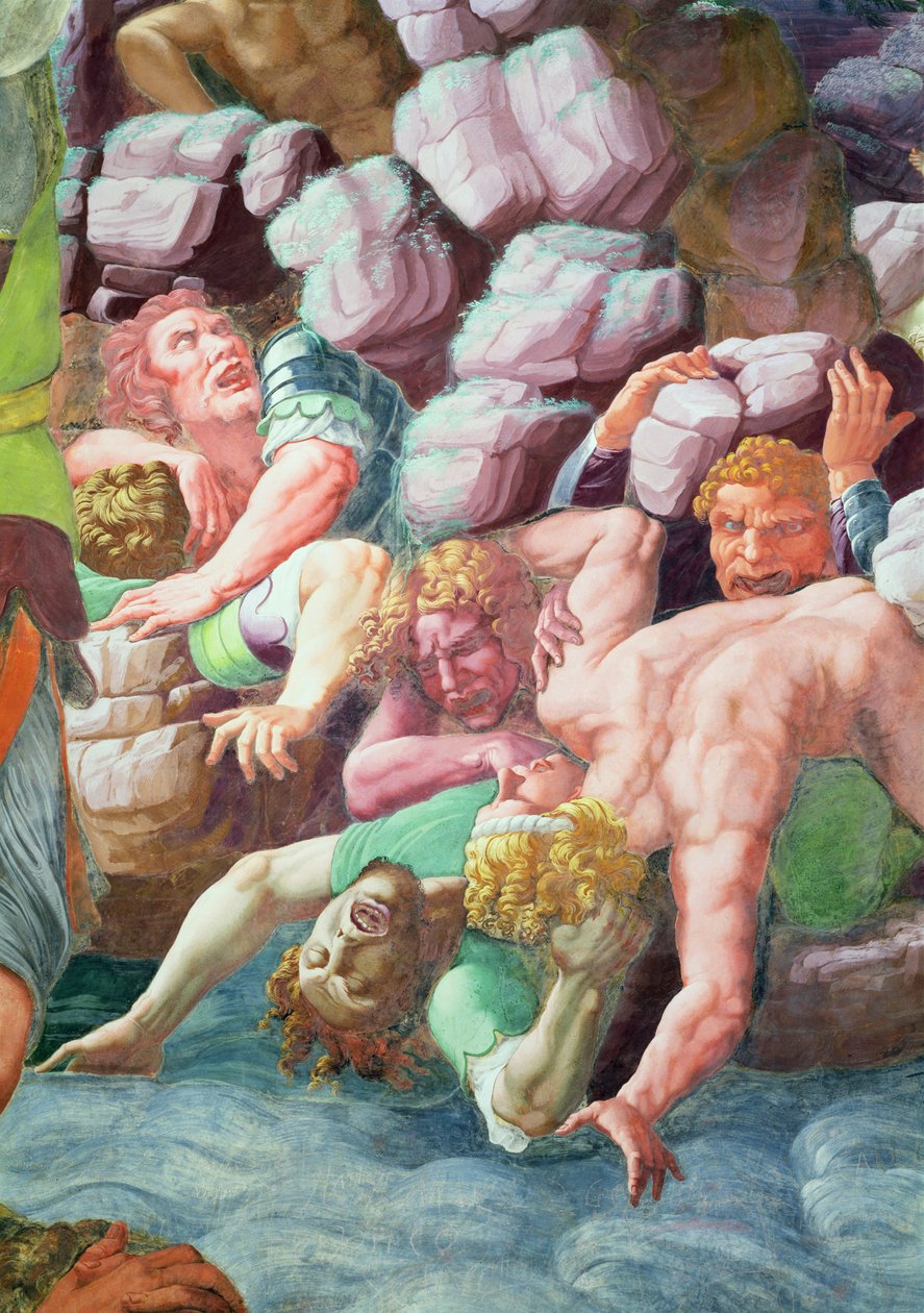 Sala dei Giganti, detalje af ødelæggelsen af kæmperne af Jupiters tordenbolte, 1536 fresco detalje af 78482 af Giulio Romano