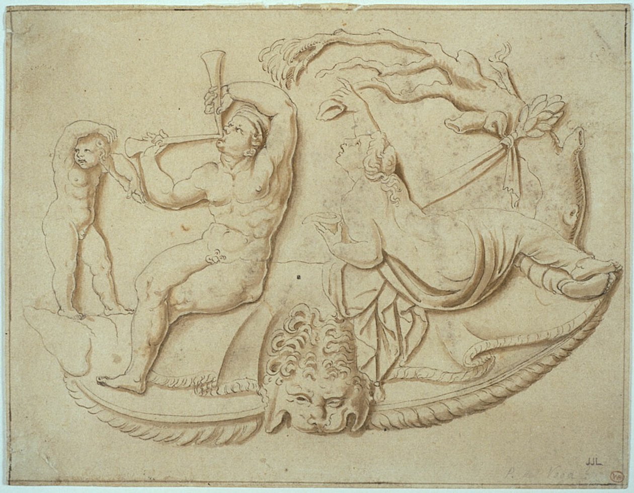 Satyr med to piber og Putto og kvinde, der drikker af træet af Giulio Romano
