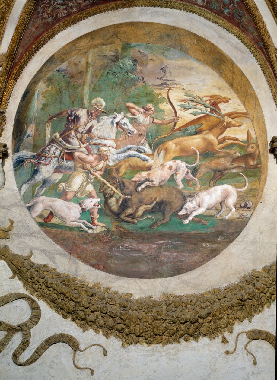 Scene, der viser, at de, der er født under kræftens tegn i forbindelse med stjernebilledet Mars, vil være dygtige til jagt og fiskeri, symboliseret ved en scene fra en jagt, fra Camera dei Venti, af Giulio Romano