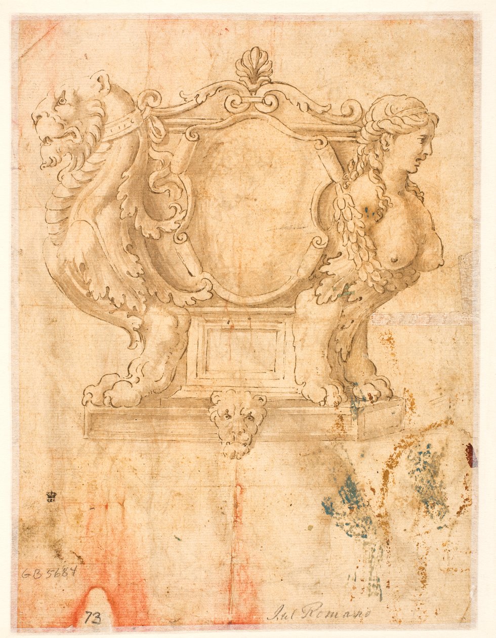 Skulptierter Sarg oder Sarg mit leerem Wappenschild af Giulio Romano