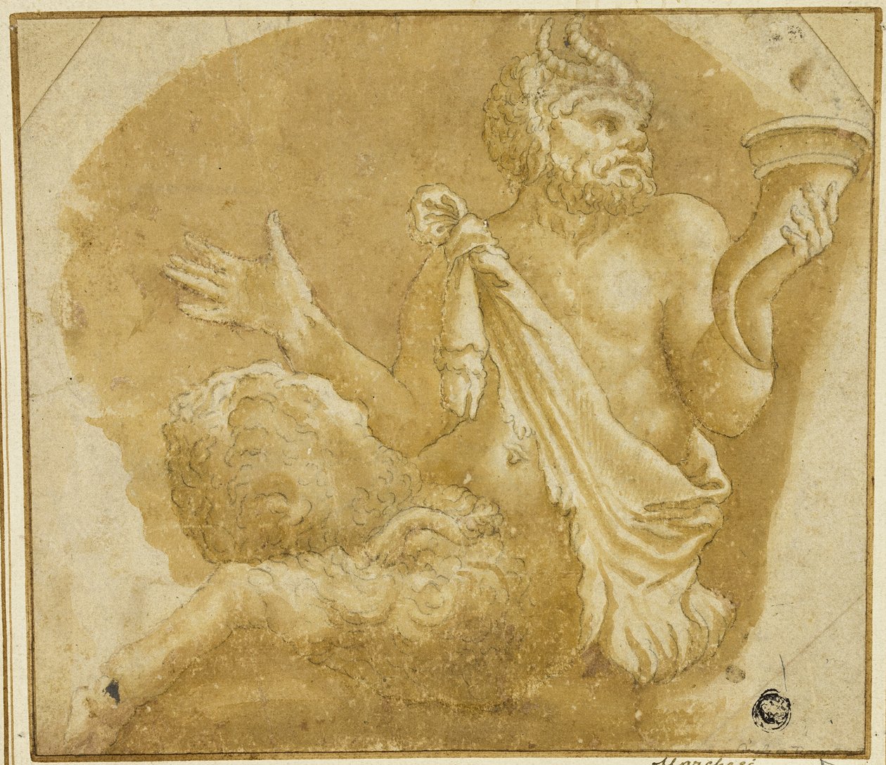 Siddende Faun Holding Cornucopia (recto); Skitse af træ og hus (verso) af Giulio Romano