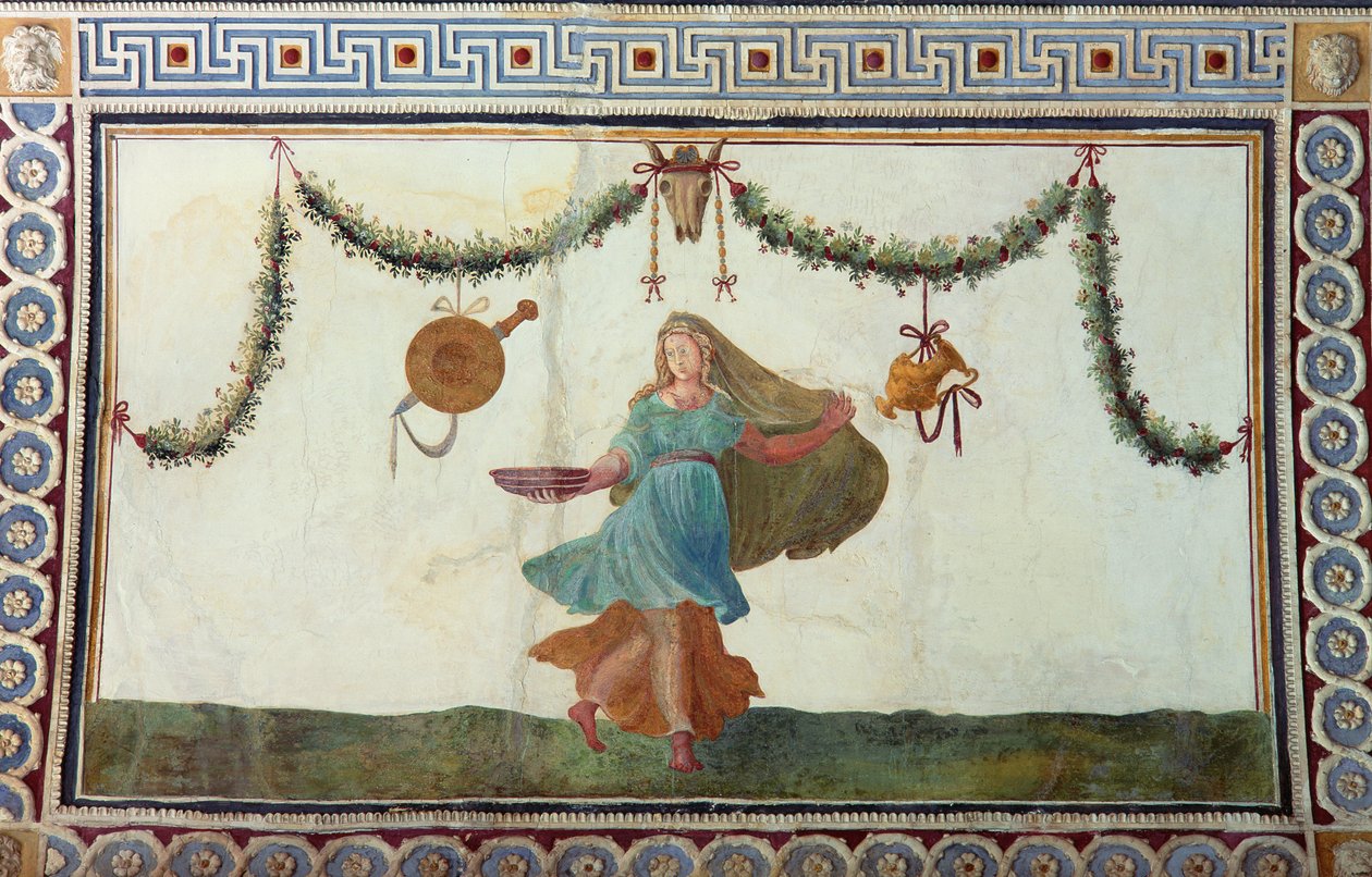 Camera con Fregio di Amorini Chamber of the Cupid Frieze detalje af loftet forestillende en kvinde, der holder en skål, fresko fra 1520