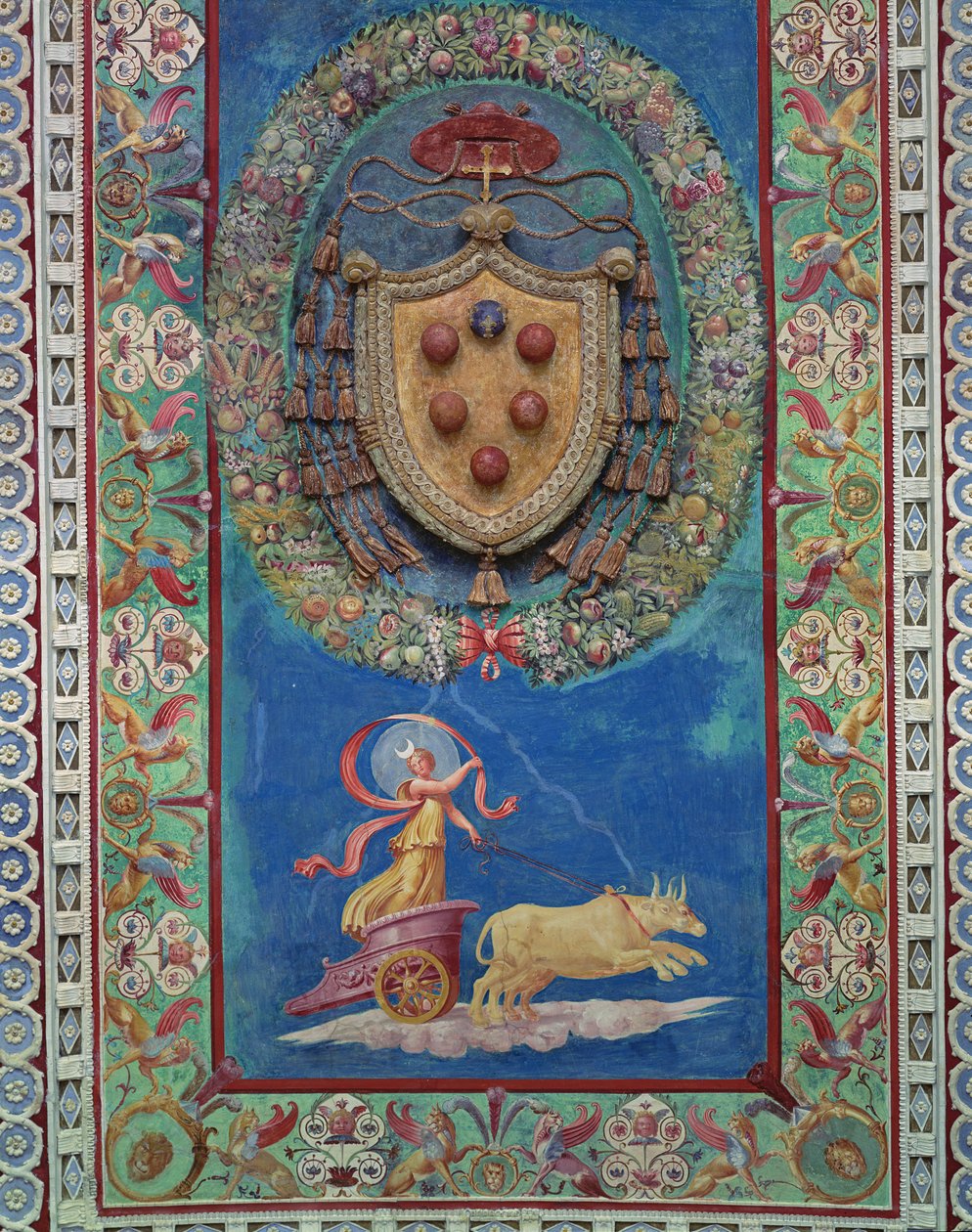 Camera con Fregio di Amorini Chamber of the Cupid Frieze detalje af det centrale område af loftet dekoreret med et relief af Medici-våbenskjoldet og en allegori om natten, 1520