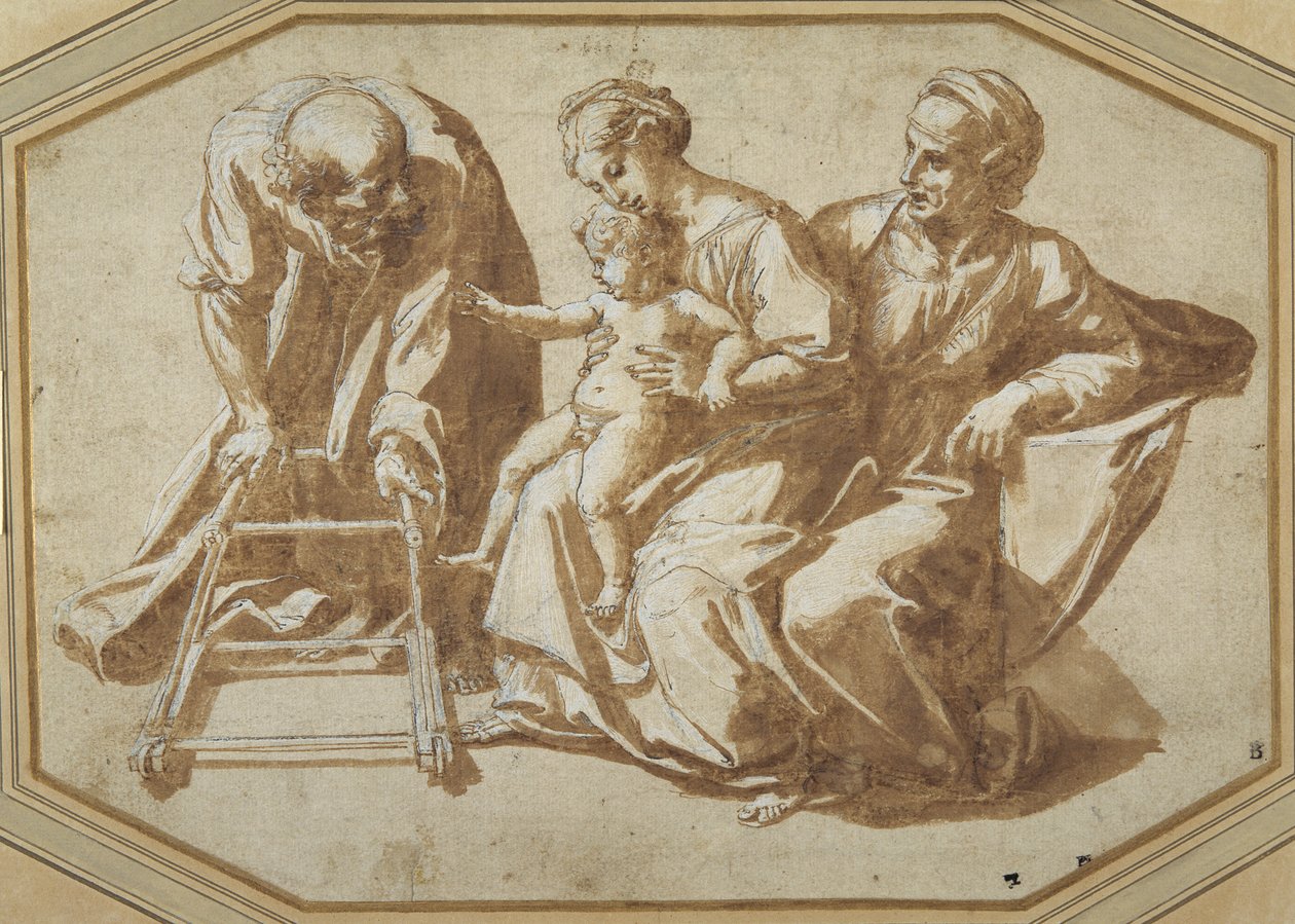 Den hellige familie og Sankt Anne med Kristusbarnet ved at blive lært at gå af Giulio Romano