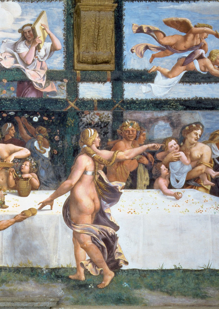 Den rustikke banket, der fejrer Amor og Psyches bryllup, med de tre lunetter foroven, der viser en af Psyches prøvelser med at bringe en krukke med Proser