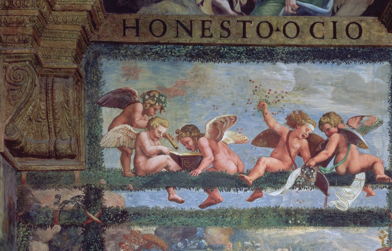 Den rustikke banket, detalje af putti, der laver musik, fra Sala di Amore e Psiche, 1528, fresko detalje fra 78428 af Giulio Romano