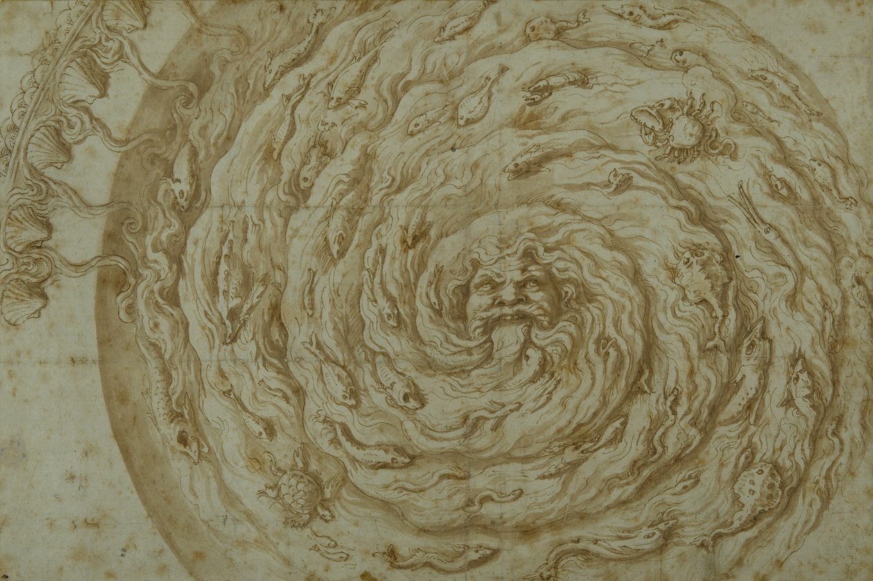 The Stream Oceanus (pen & brunt blæk med vask på papir) af Giulio Romano