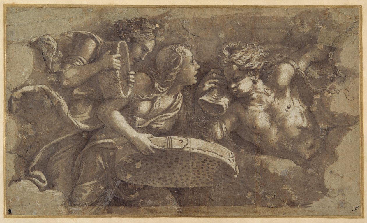 Vestal Tuccia med si (pen & brun blæk med brun vask på papir) af Giulio Romano