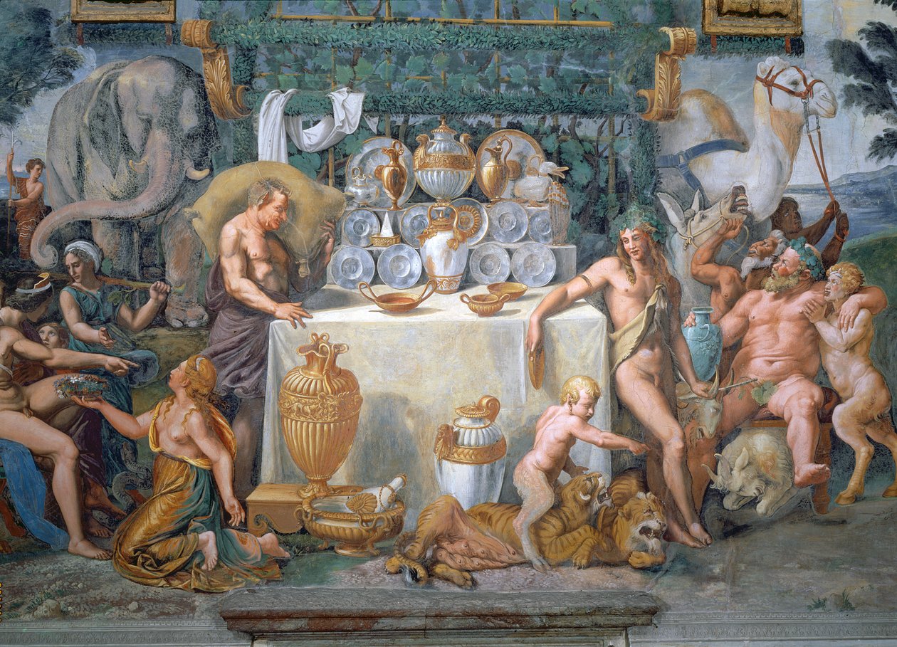 Den adelige banket til fejring af Amors og Psyches bryllup, detalje, der viser Dionysius og Silenus til højre for et bord med middagsservice, fra Sala di Amore e Psiche, 1528 af Giulio Romano