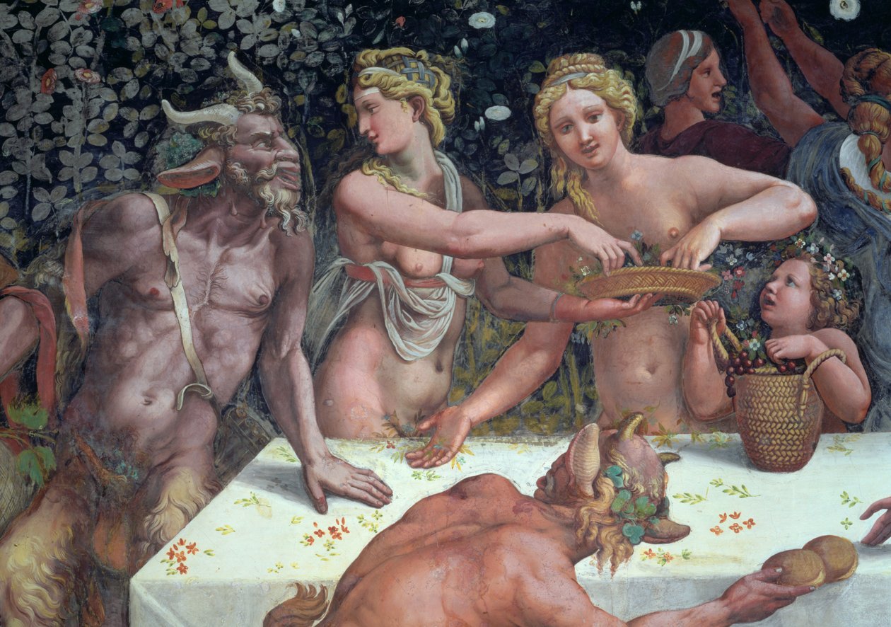 To Horae-spredende blomster, overvåget af to satyrer, detalje af den rustikke banket, der fejrer Amor og Psyches bryllup fra Sala di Amore e Psiche, 1528 freskodetalje af 78427 af Giulio Romano