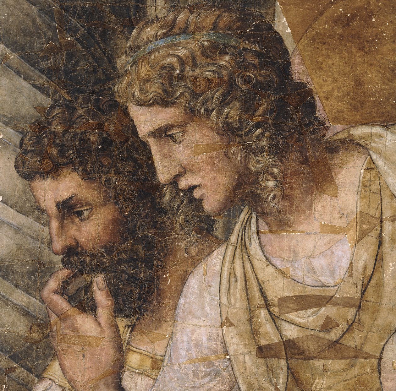 To mænd, brystlængde, ser ned: en tegneserie til et gobelin, af Giulio Romano