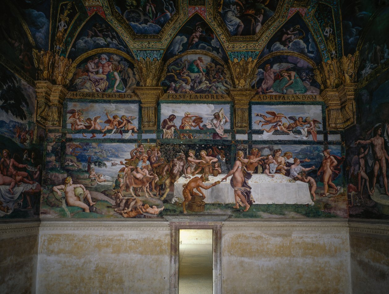 Bryllupsfest eller gudernes banket, freskomaleri af Giulio Romano (1499-1546), vestvæggen af Amor og Psykes kammer, Palazzo Te, Mantua (UNESCOs verdensarvsliste, 2008), Lombardiet, Italien af Giulio Romano