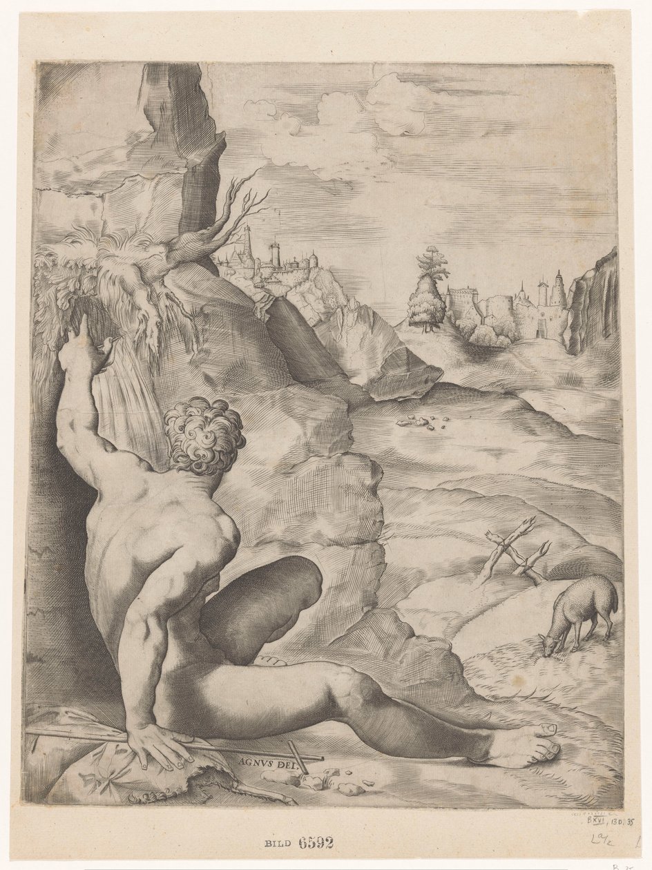 Johannes Døberen i ørkenen Agnus dei (titel på objekt) af Giulio Sanuto