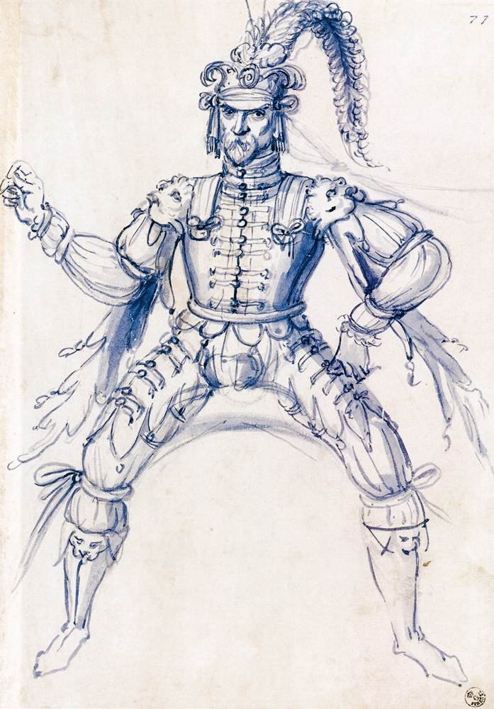 Kostumetegning til en ridder på hesteryg af Giuseppe Arcimboldo