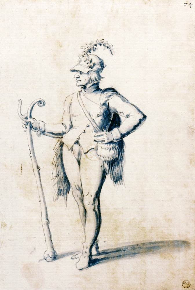 Kostumetegning til en mandlig figur med stav af Giuseppe Arcimboldo