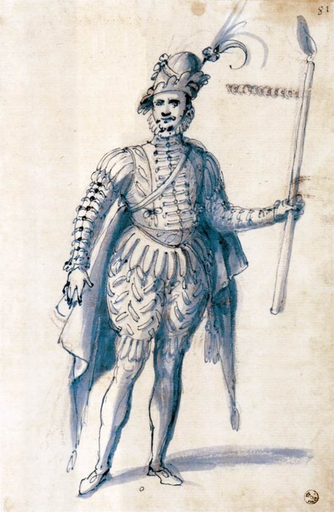 Kostumetegning til en mandlig figur med fakkel af Giuseppe Arcimboldo