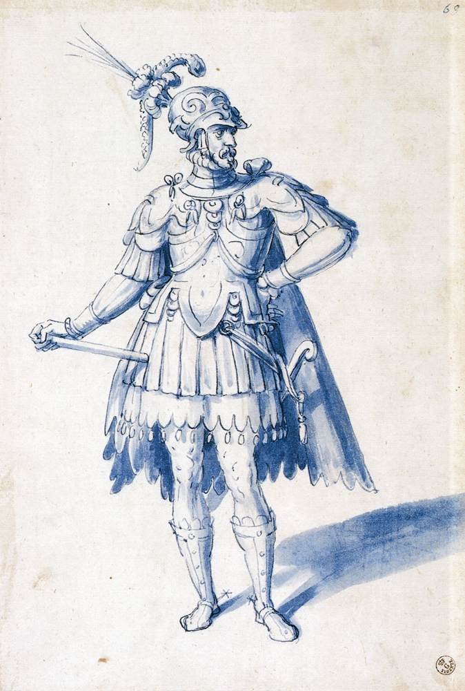 Kostumetegning til man-at-arms af Giuseppe Arcimboldo