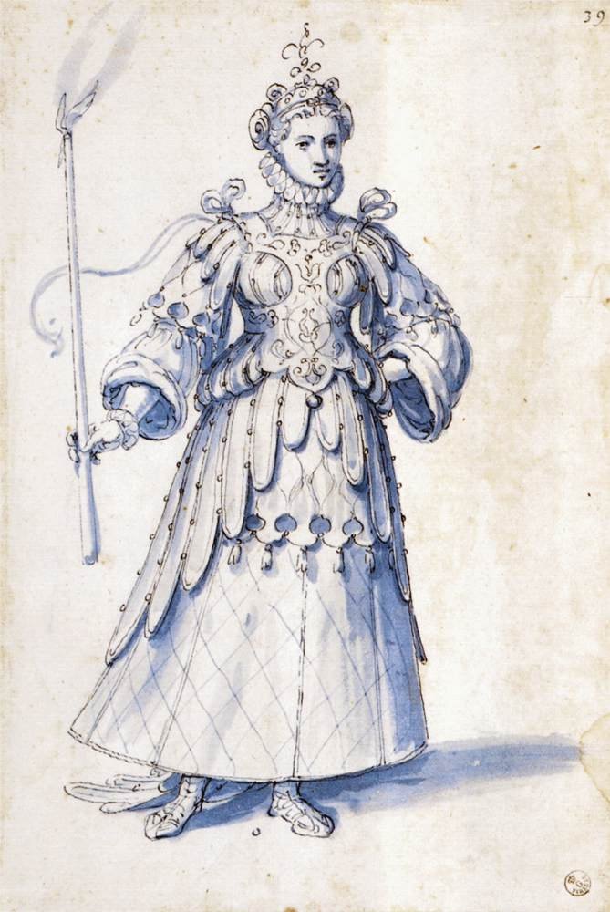 Kostumetegning af en kvindefigur med fakkel af Giuseppe Arcimboldo