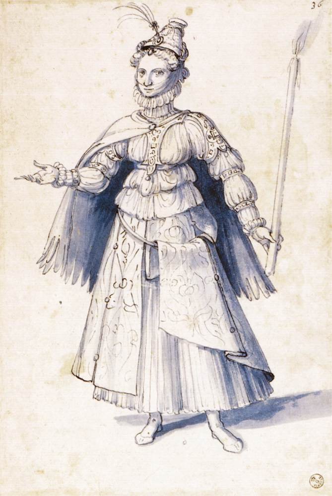 Kostumetegning af en kvinde, der bærer en fakkel af Giuseppe Arcimboldo