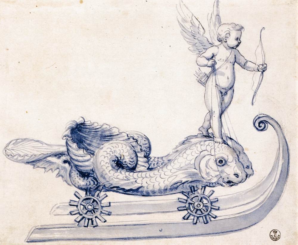 Skitse til en kane med figurer af Giuseppe Arcimboldo