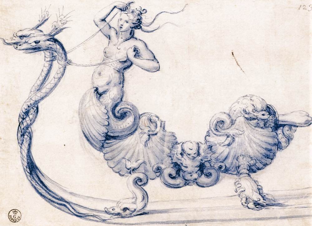 Skitse til en kane med figurer af sirener af Giuseppe Arcimboldo