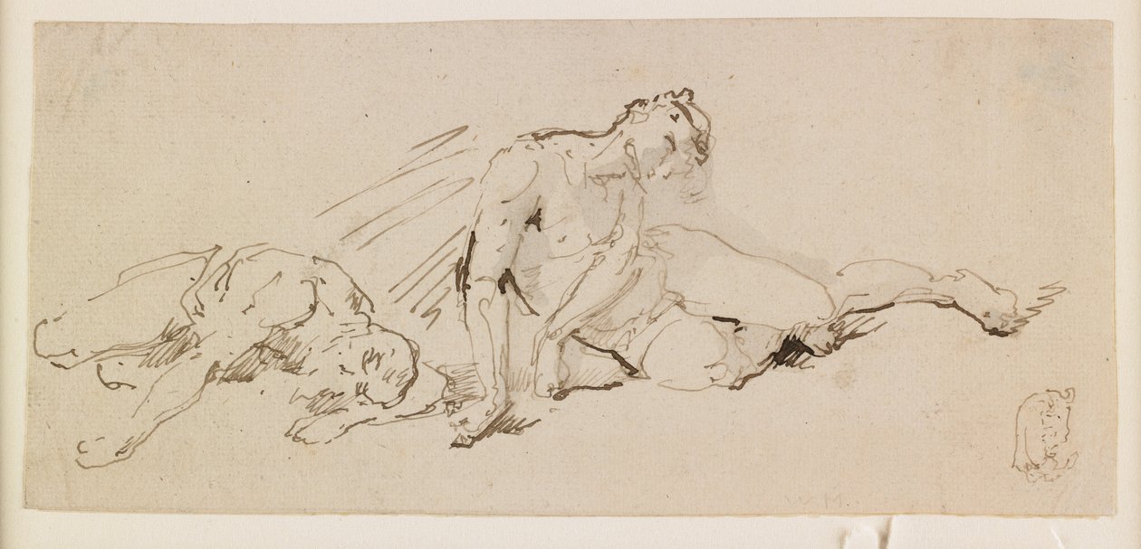To mandlige figurer (Studie til opstandelsen) (pen og brun blæk og grå vask) af Giuseppe Bernardino Bison