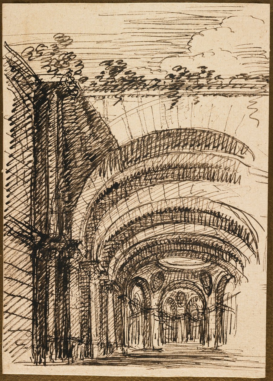 Architectural Fantasy (pen og brunt blæk på papir) af Giuseppe Valeriani