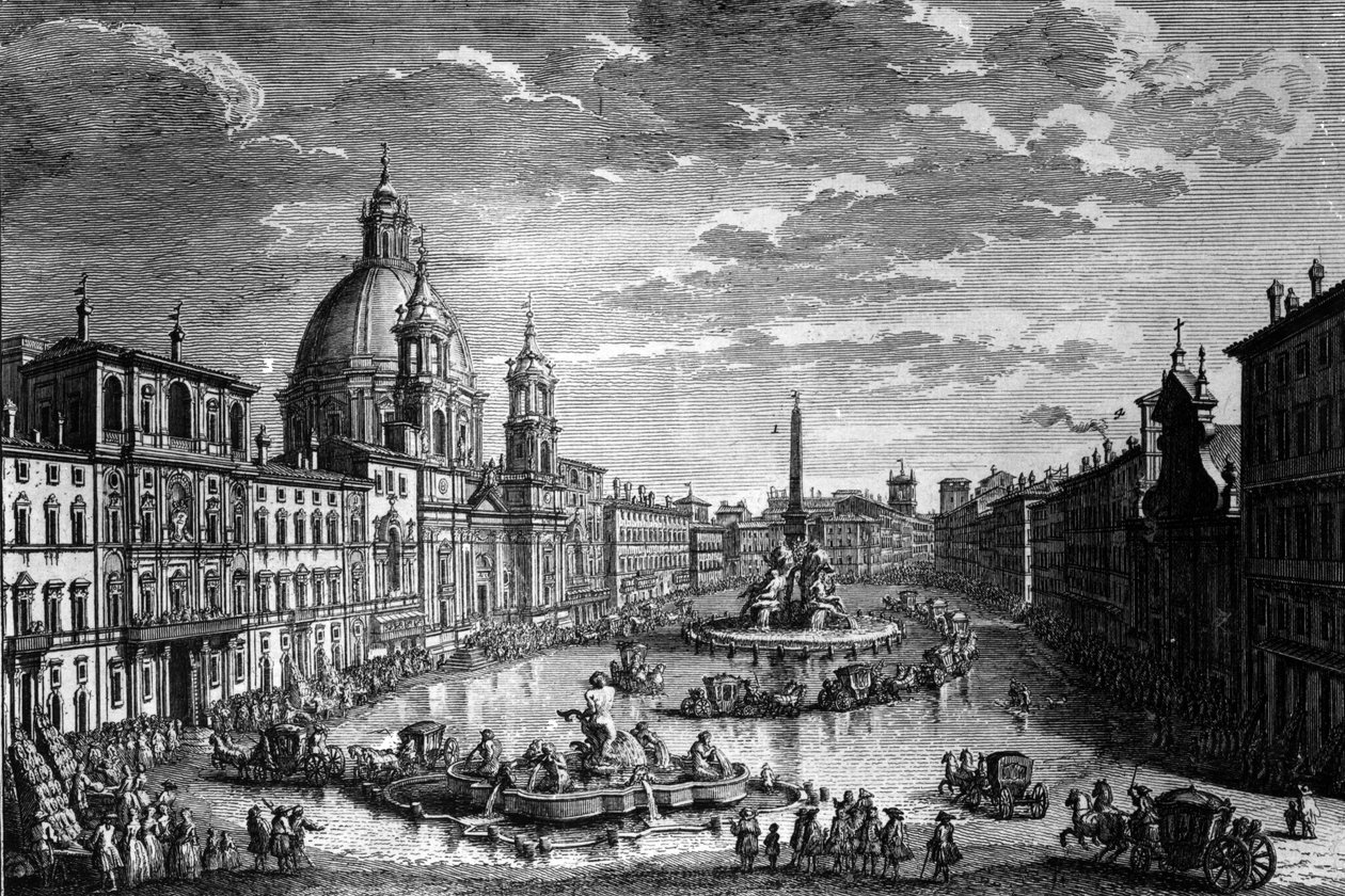 Udsigt over Piazza Navona under Ferragosto-ferien, 1752 af Giuseppe Vasi