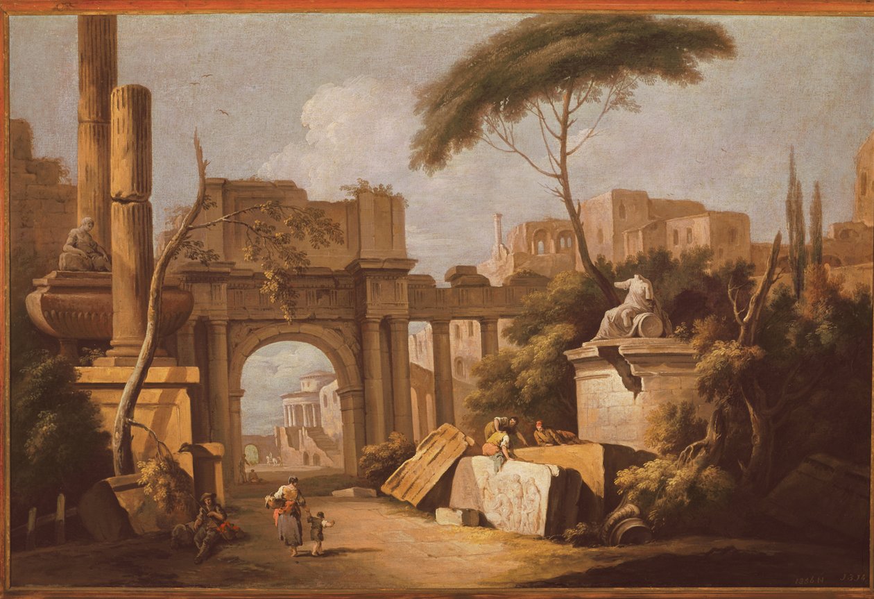 Gamle ruiner med en stor bue og en søjle, ca. 1735-40 af Giuseppe Zais