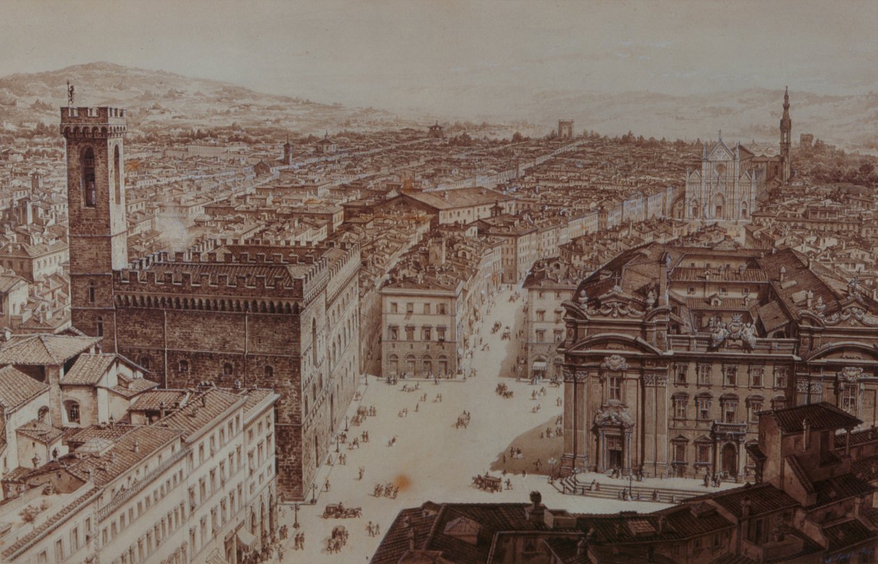 Udsigt over Piazza di San Firenze og Piazza Santa Croce, Firenze af Giuseppe and Sanesi, Nicola Poggi