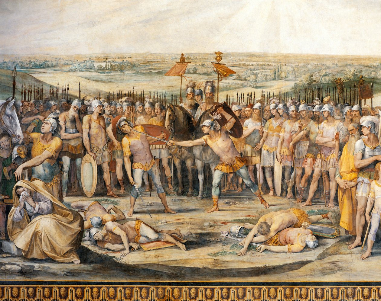 Kamp mellem Horatii og Curiatii, af Giuseppe Cesari (1568-1640), fresco, Hall of Horatii og Curiatii, Conservatories Palace, Rom, Romerriget, Italien af Giuseppe Cesari
