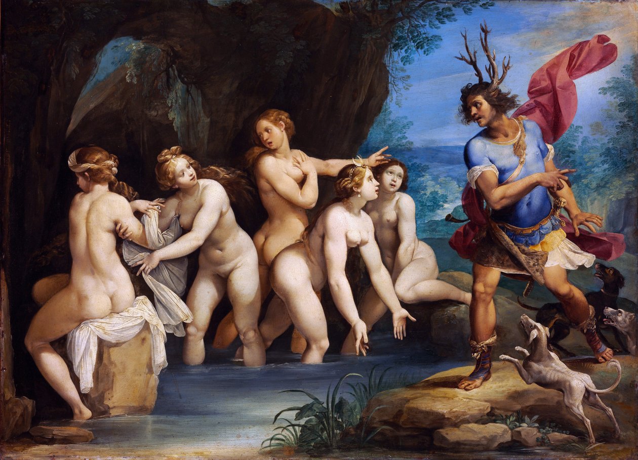 Diana og Actaeon - Maleri af Giuseppe Cesari (1568-1640), olie på kobber, ca. 1604, 50x69 cm - Diana og Actaeon, Olie på kobber af Giuseppe Cesari - Szepmuveszeti Muzeum, Budapest af Giuseppe Cesari