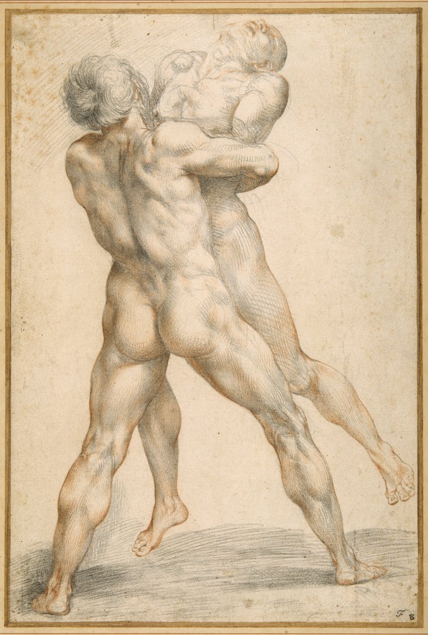 Hercules, der brydes med Antaeus (sort og rødt kridt på hvidt papir) af Giuseppe Cesari