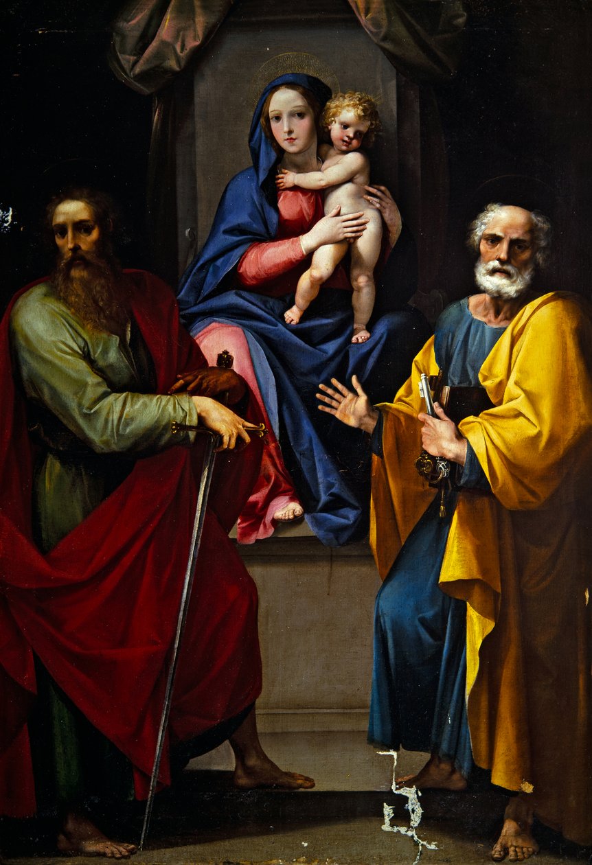 Madonna og barn med Sankt Paul og Sankt Peter (olie på lærred) af Giuseppe (1568 1640) Cesari