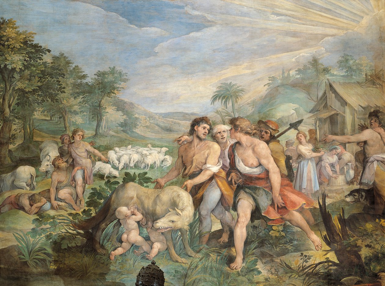 Romulus og Remus, diet af ulv, fundet af Faustulus på bredden af ​​Tiberen, af Giuseppe Cesari (1568-1640), fresco, Hall of Horatii og Curiatii, Conservatories Palace, Rom, Romerriget, Italien af Giuseppe Cesari