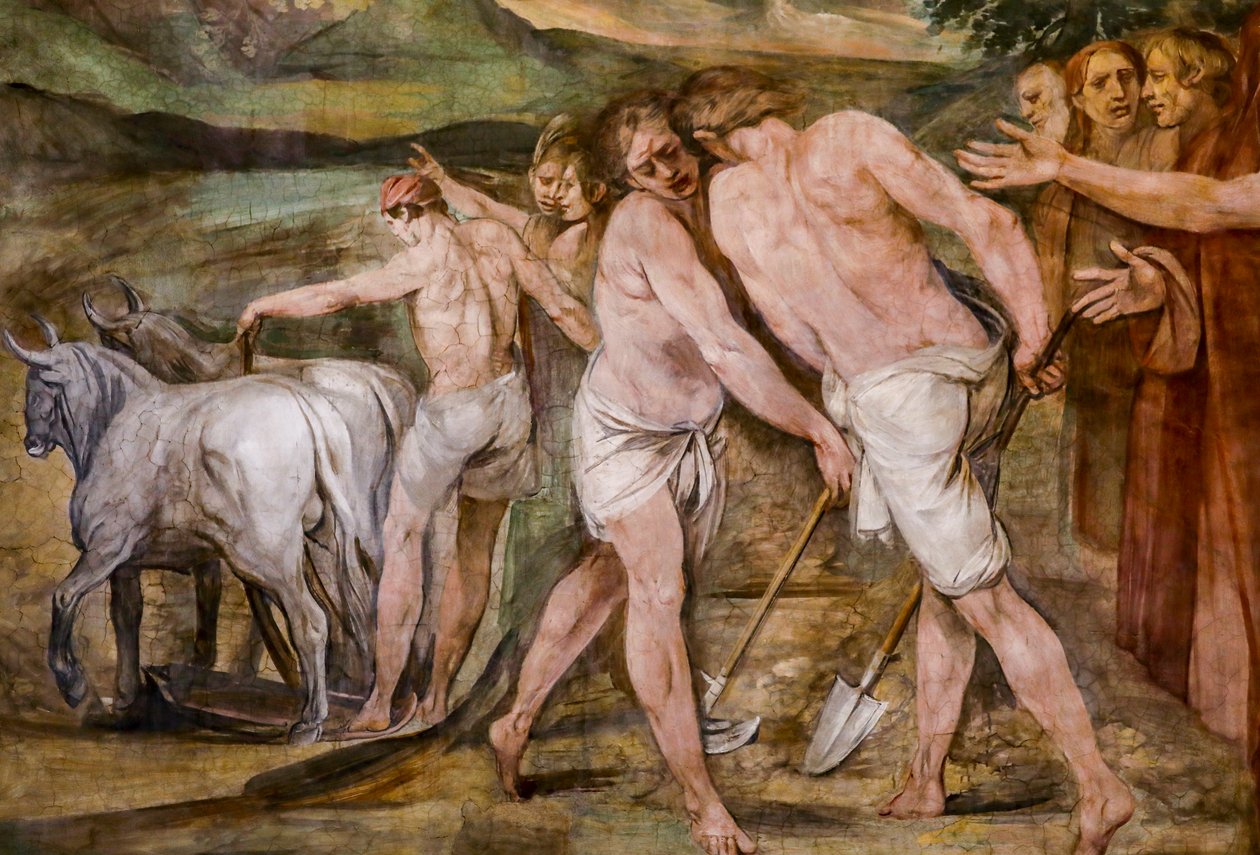 Romulus pløjer grænselinjen omkring den fremtidige by Rom (detaljer) af Giuseppe Cesari